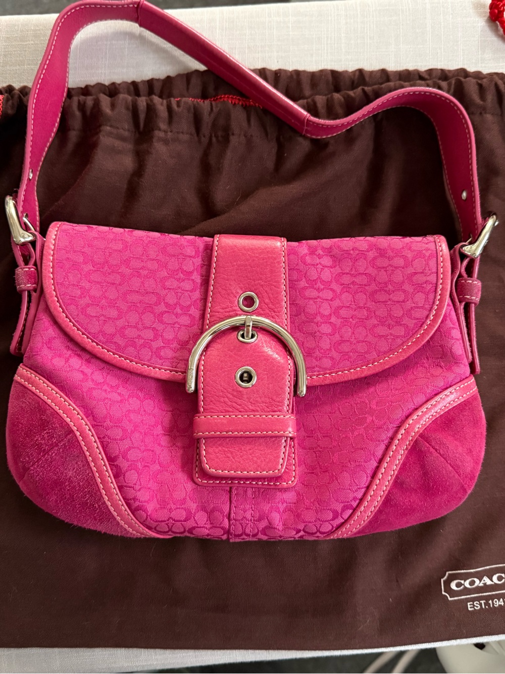 Coach Soho Suede Signature Flap Shoulder Bag Pink